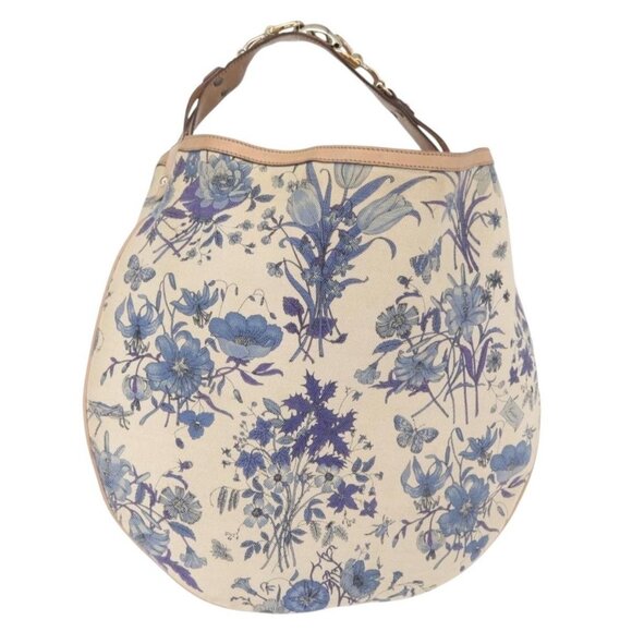 Authentic GUCCI Flora Horsebit Shoulder Bag Canvas Beige Gold 170014